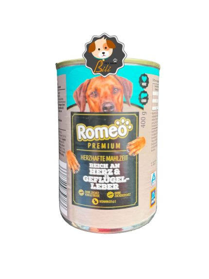 کنسرو سگ رومیو پریمیوم با طعم قلب و جگر مرغ – ۴۰۰ گرم